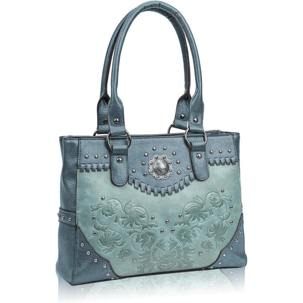Women's Blue Pu Leather Large Western Top Handle Vintage Embossed Shoulder Bag